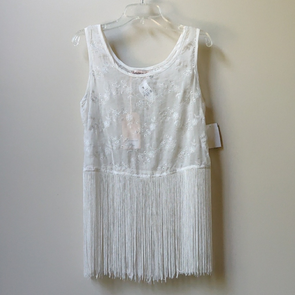 NWT NAANAA Sheer Eyelet Fringe Hem Top/Swim Cover-up White S